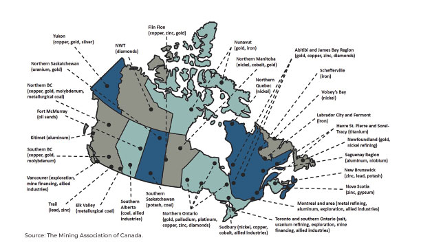 map of mine clusters across Canada