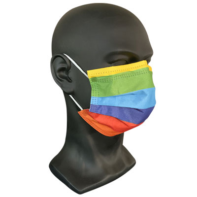 black mannequin wearing rainbow-patterned mask