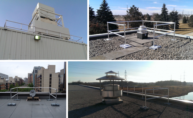 a collage of guardrails set up on roof tops