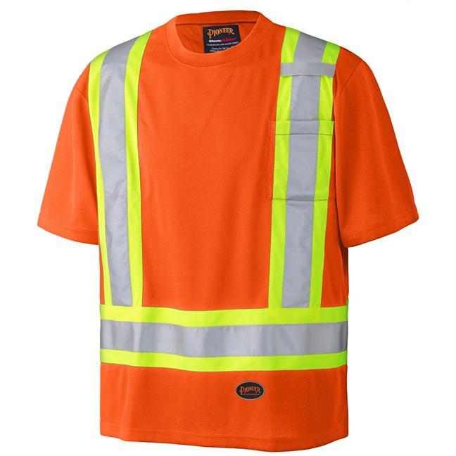 product image of Pioneer orange safety shirt with hi-viz strips along shoulders and stomach