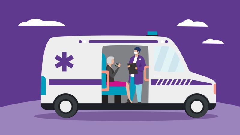 patient sitting in a medical van while clinician administers spirometer test