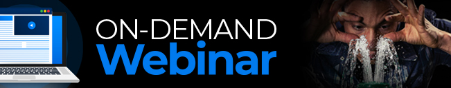Text reads on-demand webinar, laptop with play button on left side and person holding their eyelids while using an emergency eyewash station on the right