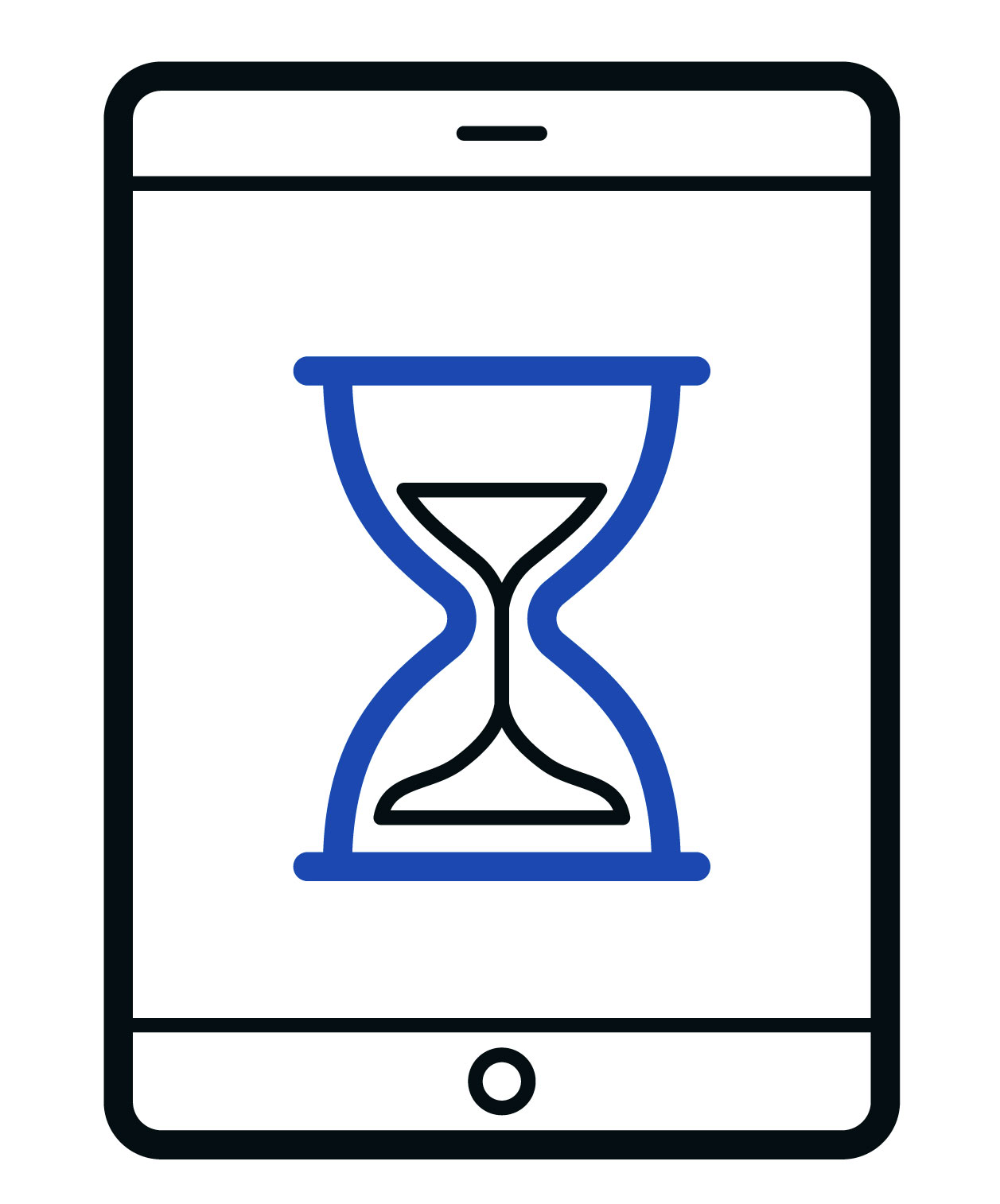 Hourglass icon sitting inside the face of a tablet