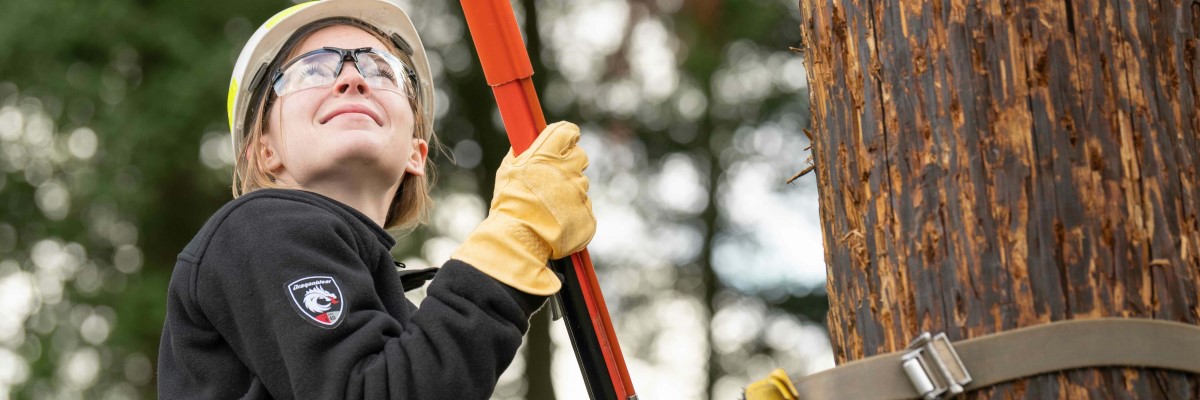 Woman in a yellow hard hat with safety glasses working on a hydro pole wearing safety harness