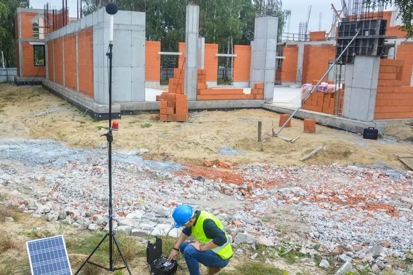 person setting up vibration monitor at construction site