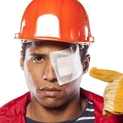 Safety worker with an eye patch pointing at it with a gloved hand