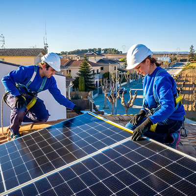 Two safety workers with fall protection equipment on working on solar panels
