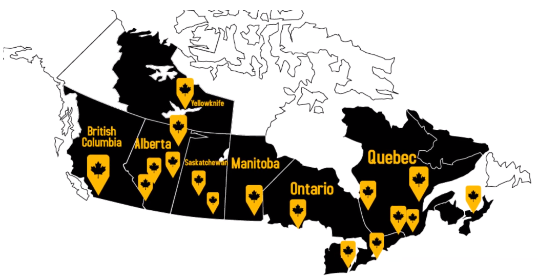 Map of service locations across Canada