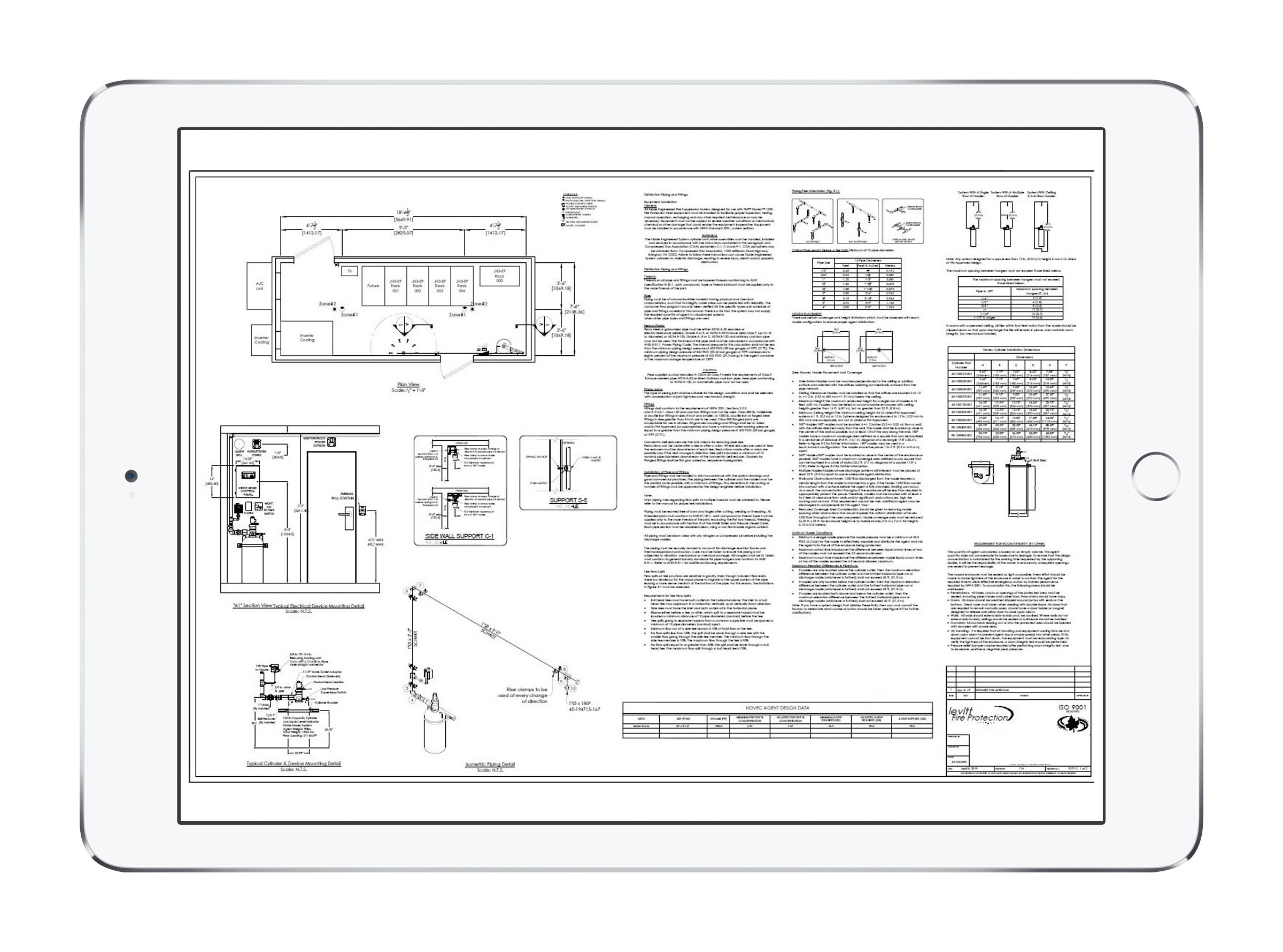 Screen view of a white iPad with detailed CAD drawings